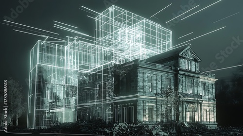 A time-lapse depiction of an old, crumbling building transforming into a futuristic glass skyscraper, with glowing lines and holographic construction elements showing technological innovation.