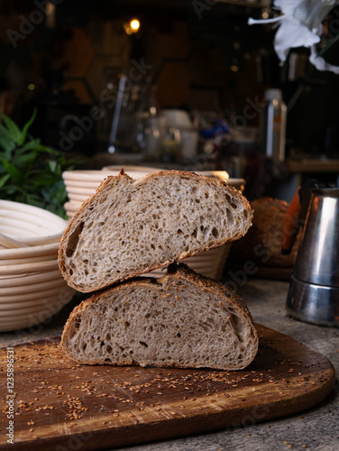 Multigrain multiseed Artisan Sourdough Bread with chia seed and flaxseed. photo