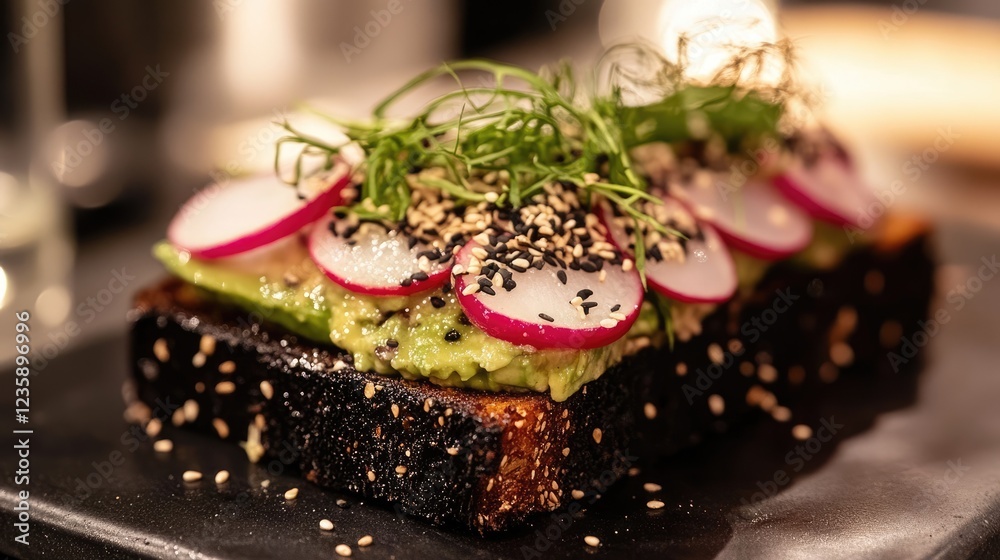 A beautifully plated avocado toast with radishes and sesame seeds, without added salt.