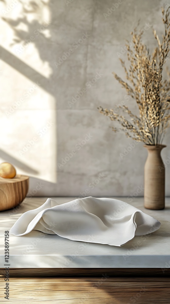 A serene still life featuring a textured cloth, a vase with dried flowers, and a wooden bowl. A serene still life featuring a textured cloth, a vase with dried flowers, and a wooden bowl.