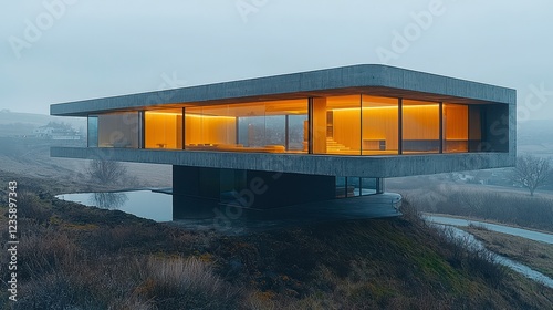 Modern concrete house on hilltop, evening light, misty landscape, architectural design