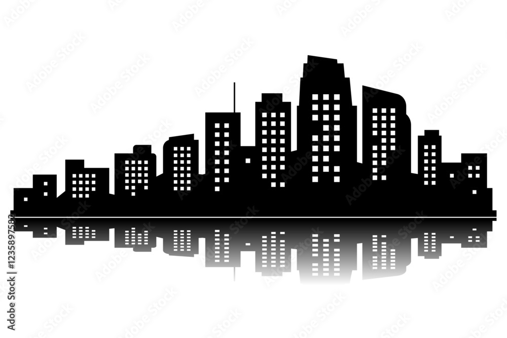 city illustration vector silhouette of black city with reflection city illustration vector silhouette of black city with reflection