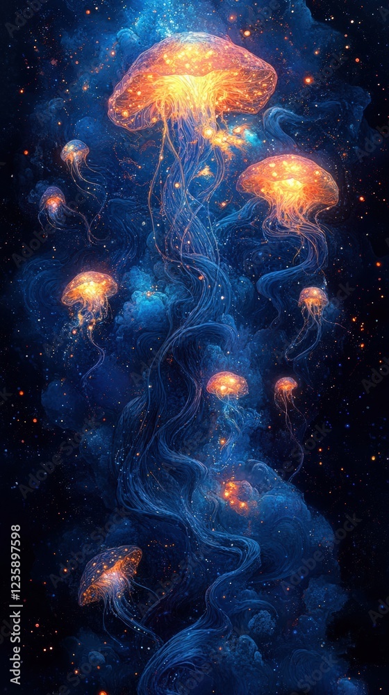 Naklejka premium Bioluminescent jellyfish dance underwater galaxy digital ethereal wide view