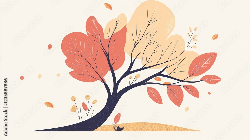 Autumn tree bending in wind, falling leaves, peaceful background, seasonal design Autumn tree bending in wind, falling leaves, peaceful background, seasonal design