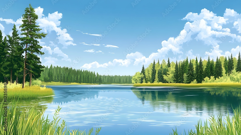 Fototapeta premium Scenic lake landscape with pine forest under a sunny sky. Perfect for nature wallpapers or screensavers