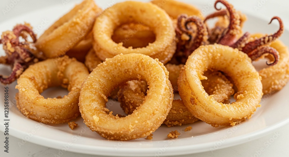 Crispy Fried Calamari Rings and Tentacles on White Plate Seafood Appetizer Crispy Fried Calamari Rings and Tentacles on White Plate Seafood Appetizer