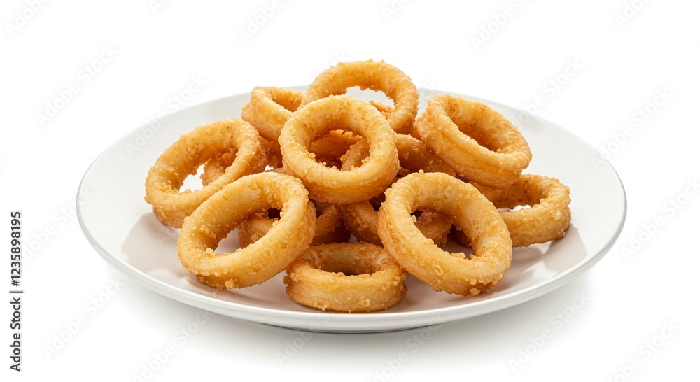 Crispy Fried Calamari Rings on White Plate Seafood Appetizer Delicious Snack Food Crispy Fried Calamari Rings on White Plate Seafood Appetizer Delicious Snack Food