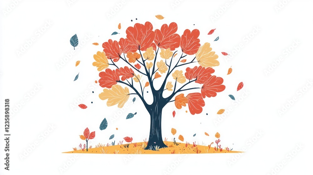Fototapeta premium Autumn tree, leaves falling, white background, fall design