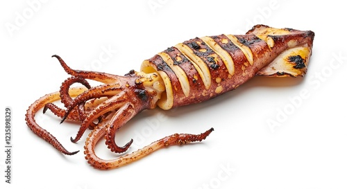 Delicious Grilled Squid Seafood Appetizer Close up Studio Shot Isolated on White Background
