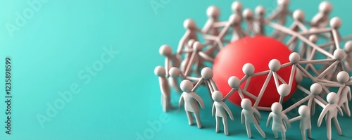 A group of miniature figures surrounds a central red sphere, symbolizing community, support, or teamwork in a vibrant, teal setting.