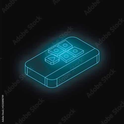 Neon blue remote control hovering over a dark background, featuring an isometric projection