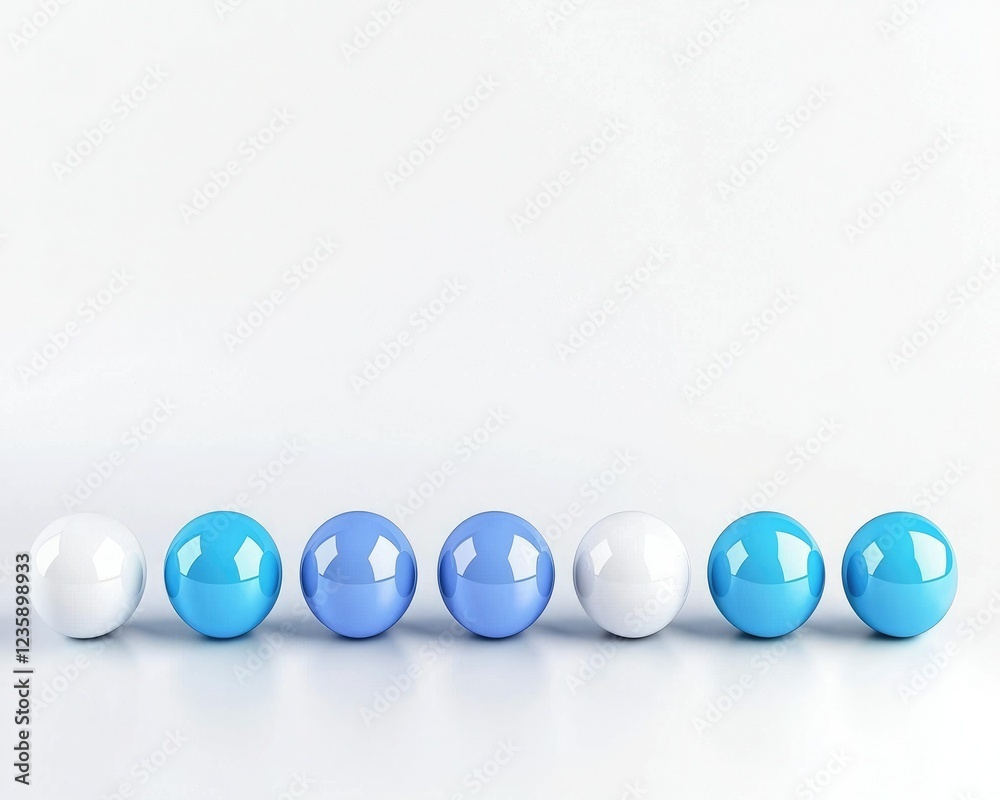 A row of glossy spheres in varying shades of blue and white, set against a minimalist white background, creates a calming visual effect. A row of glossy spheres in varying shades of blue and white, set against a minimalist white background, creates a calming visual effect.