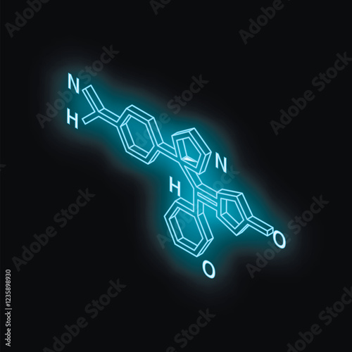 Complex molecule structure glowing blue on a black background, representing a chemical compound and its molecular arrangement