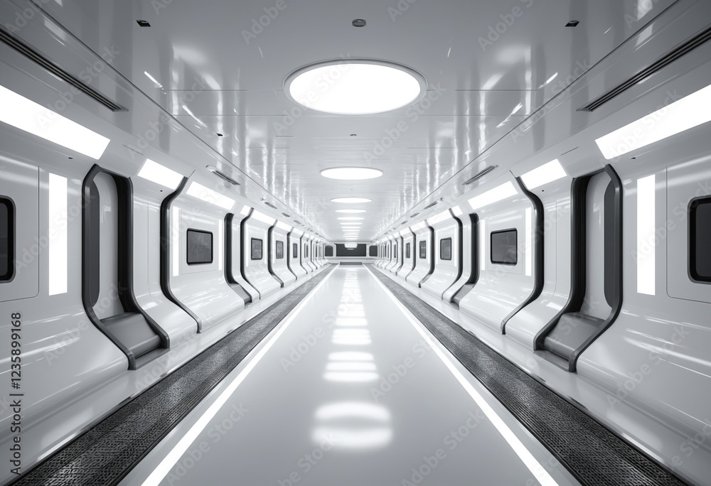 Fototapeta premium Empty white Empty Sci-Fi modern futuristic hallway in modern building white corridor technology for background