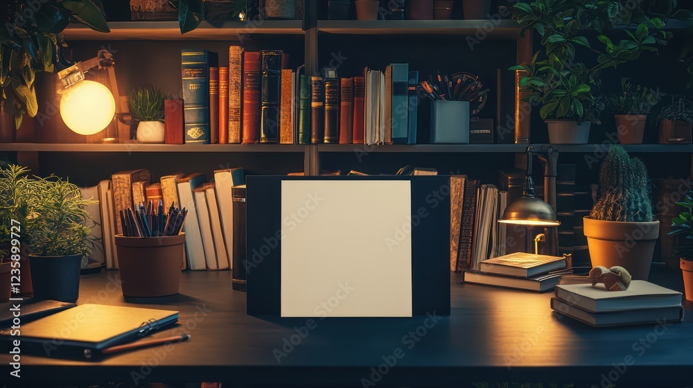 Cozy Home Office Setup with Bookshelves and Blank Frame Cozy Home Office Setup with Bookshelves and Blank Frame