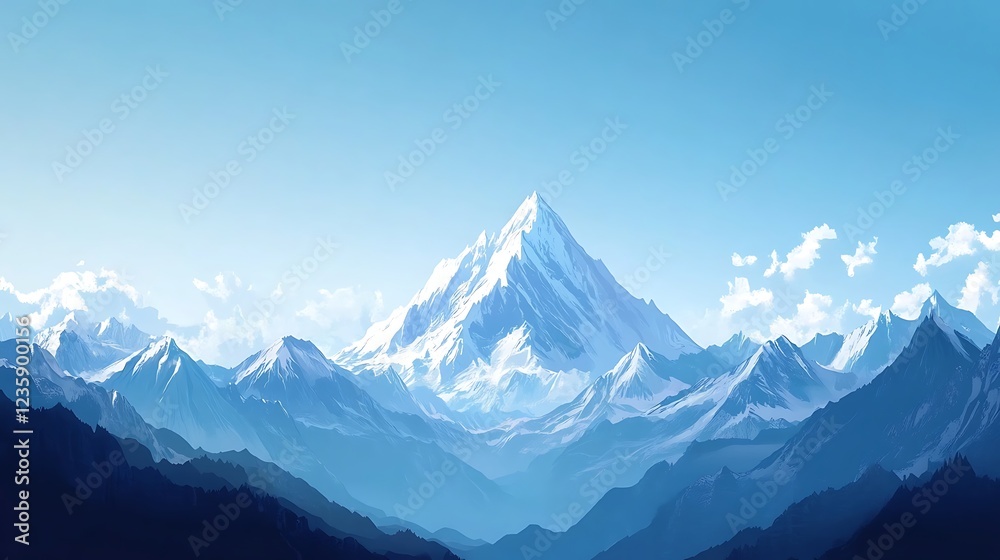 Snowy mountain range panorama; tranquil, majestic peak; serene landscape; digital art; stock Snowy mountain range panorama; tranquil, majestic peak; serene landscape; digital art; stock