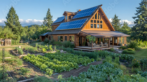 A rural homestead powered by solar energy, with solar panels installed on the roof, and a vegetable garden thriving under the sunlight, promoting green living.