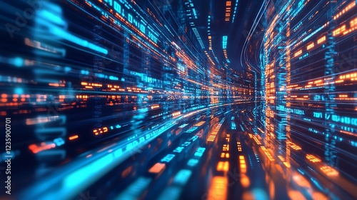 A visually striking 3D depiction of a futuristic data stream, showcasing the advanced nature of data transfer technology. The cyberpunk-inspired scene includes big data, cybersecurity, 