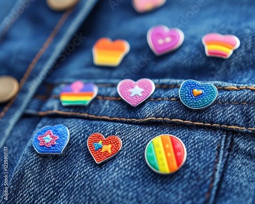 Colorful enamel pins shaped like hearts and stars adorn a denim jacket, showcasing a vibrant mix of rainbow and pastel hues. photo