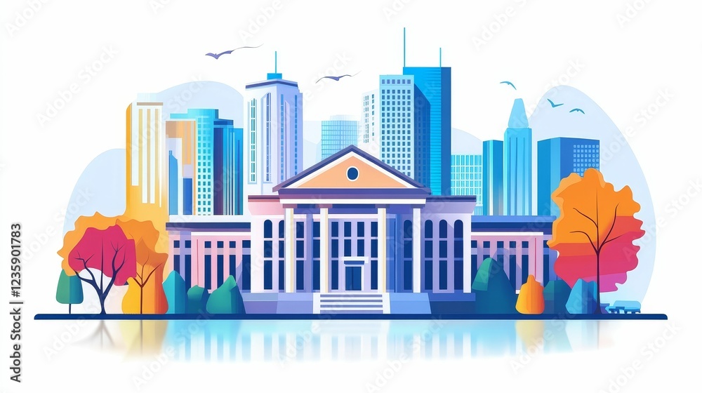 Fototapeta premium Urban autumn scene, grand building, city skyline.
