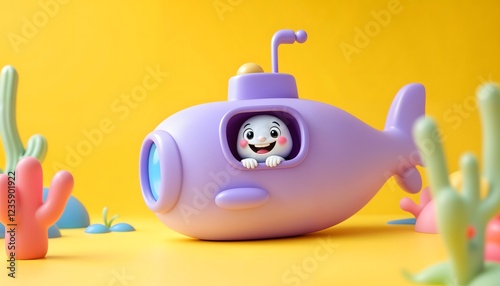 Cute Bunny in Purple Submarine 3d Render Ocean Scene