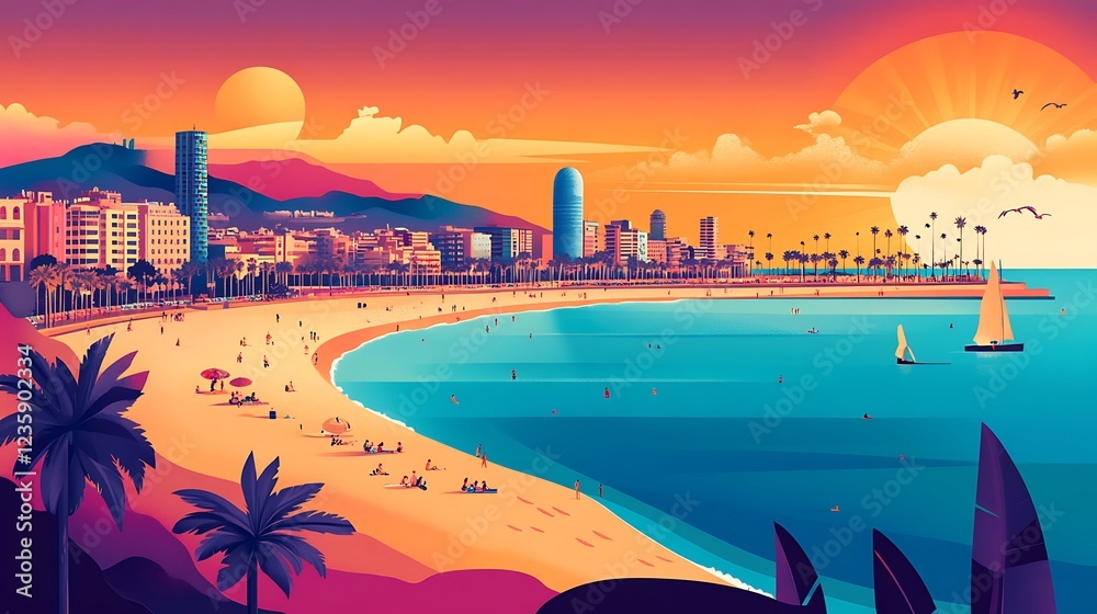 Obraz premium Colorful Barcelona Beach Sunset Illustration