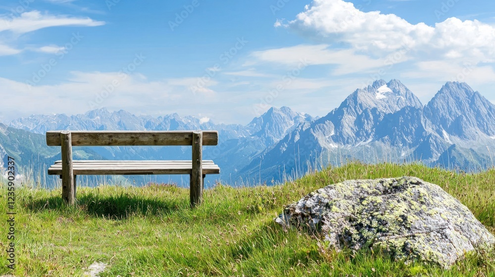 Wooden Bench Overlooking Majestic Alpine Mountain Range Wooden Bench Overlooking Majestic Alpine Mountain Range