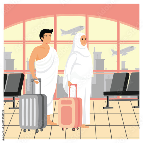 Muslim Pilgrims at Airport Departing for Hajj Spiritual Journey With Luggage.