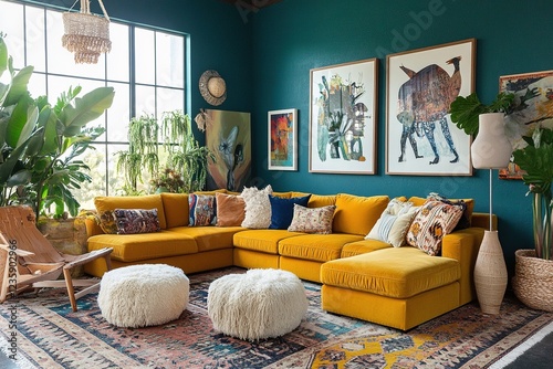 A colorful relaxation corner decorated with soft pastel yellow sofas.