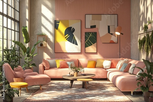 A colorful relaxation corner decorated with pastel pink sofas.