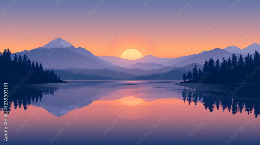 Fototapeta premium Peaceful mountain lake sunrise reflection; serene landscape; tranquil morning; use for wallpaper, poster, or screensaver