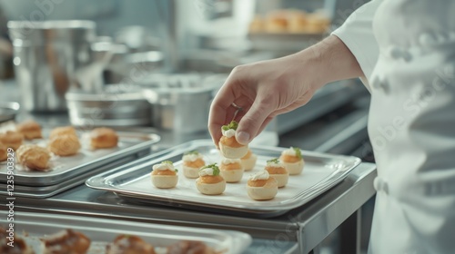 Chef Arranging Appetizers in Kitchen Setting
