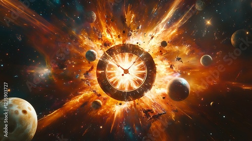 An abstract depiction of a cosmic explosion, with a central glowing clock face radiating light, surrounded by orbiting planets and shimmering stars in motion.