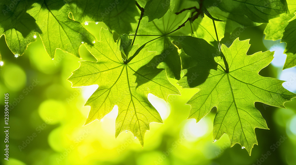 Vibrant Green Maple Leaves in Natural Light with Bokeh Effects Vibrant Green Maple Leaves in Natural Light with Bokeh Effects