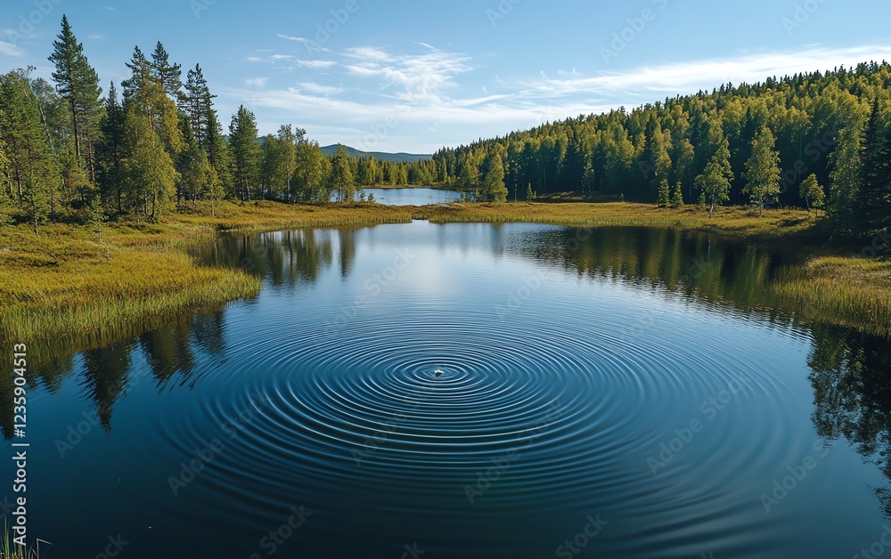 Obraz premium A crystalclear lake with a droplet falling, creating concentric ripples, symbolizing water recycling and the need for preserving freshwater resources in nature