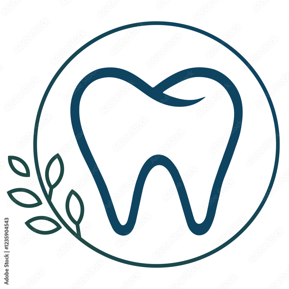 Modern dental logo design with simple tooth emblem and green leaf accents for eco-friendly dentistry branding Modern dental logo design with simple tooth emblem and green leaf accents for eco-friendly dentistry branding