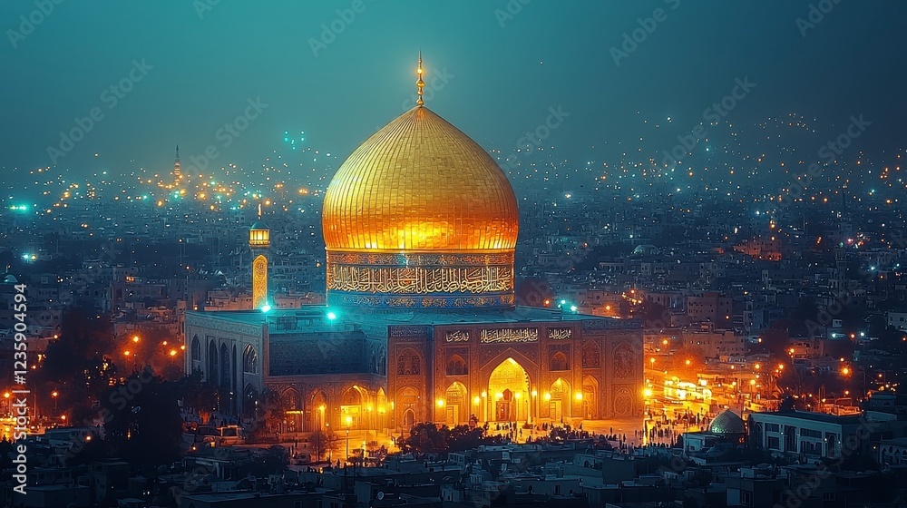 Fototapeta premium Golden Dome Mosque night cityscape, Iraq. Travel tourism