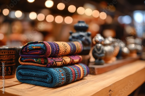 Vibrant Woven Textiles on Rustic Wooden Table