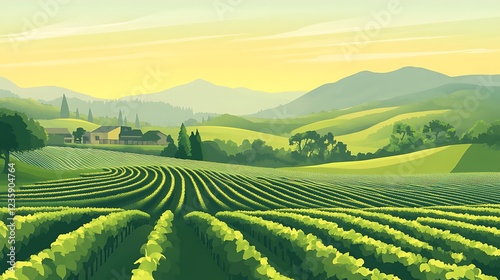 Vineyard landscape at sunrise, serene rural scene. Possible use Stock photo for agriculture, travel, nature, or tourism