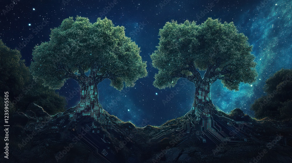 Obraz premium Two trees under starry night sky, magical forest, fantasy art, nature wallpaper