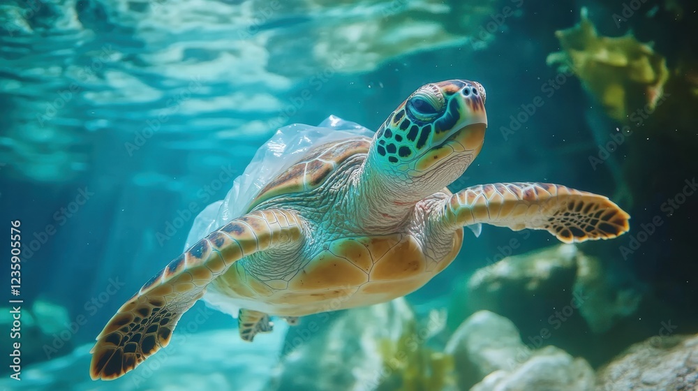 Obraz premium Sea Turtle in Transparent Plastic Bag