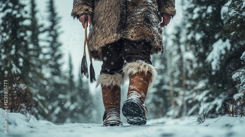 A member of the Alaskan Athabaskan tribe wearing thick fur clothing and traditional leather shoes, standing in the middle of the tundra forest with snow covering the ground, Ai generated images photo