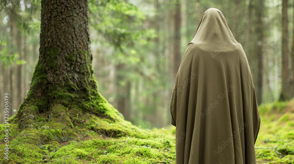 Naklejka premium Mysterious Figure in Dense Pine Forest with Mossy Ground