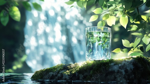 Glass of water by waterfall, nature background, pure refreshment