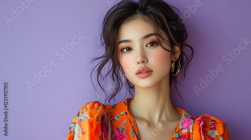 Woman in orange floral blouse, purple background, studio portrait photo