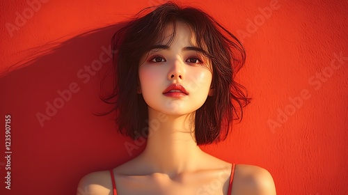 Woman portrait against red background