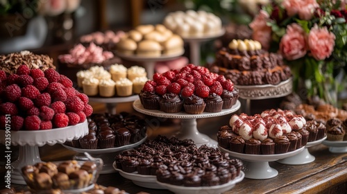 Chocolate desserts arranged beautifully on a Valentines buffet table