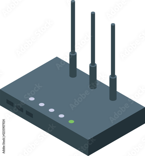 Isometric view of a wireless router with three antennas, providing internet network access