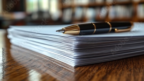 Close-up of a stack of blank papers with a pen resting on top, set in a library environment
