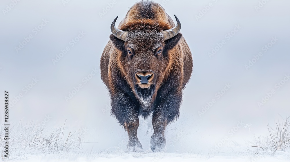 Obraz premium European bison charging forward through a snowy field during a cold winter day.